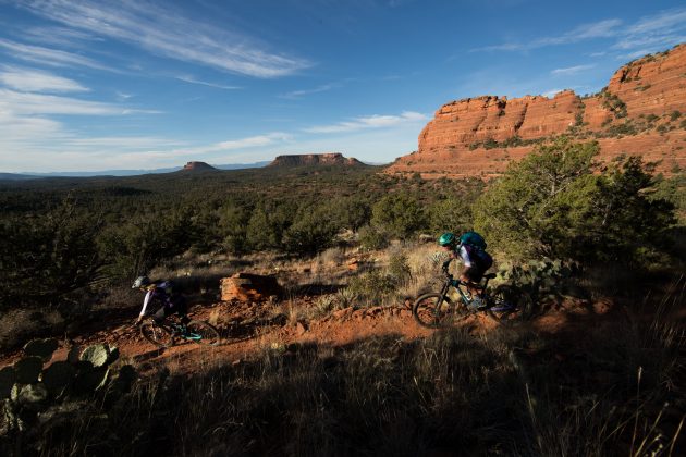 Lindsey Voreis and Leigh Donovan chasing sunlight at the Liv Launch in Sedona, Arizona. 