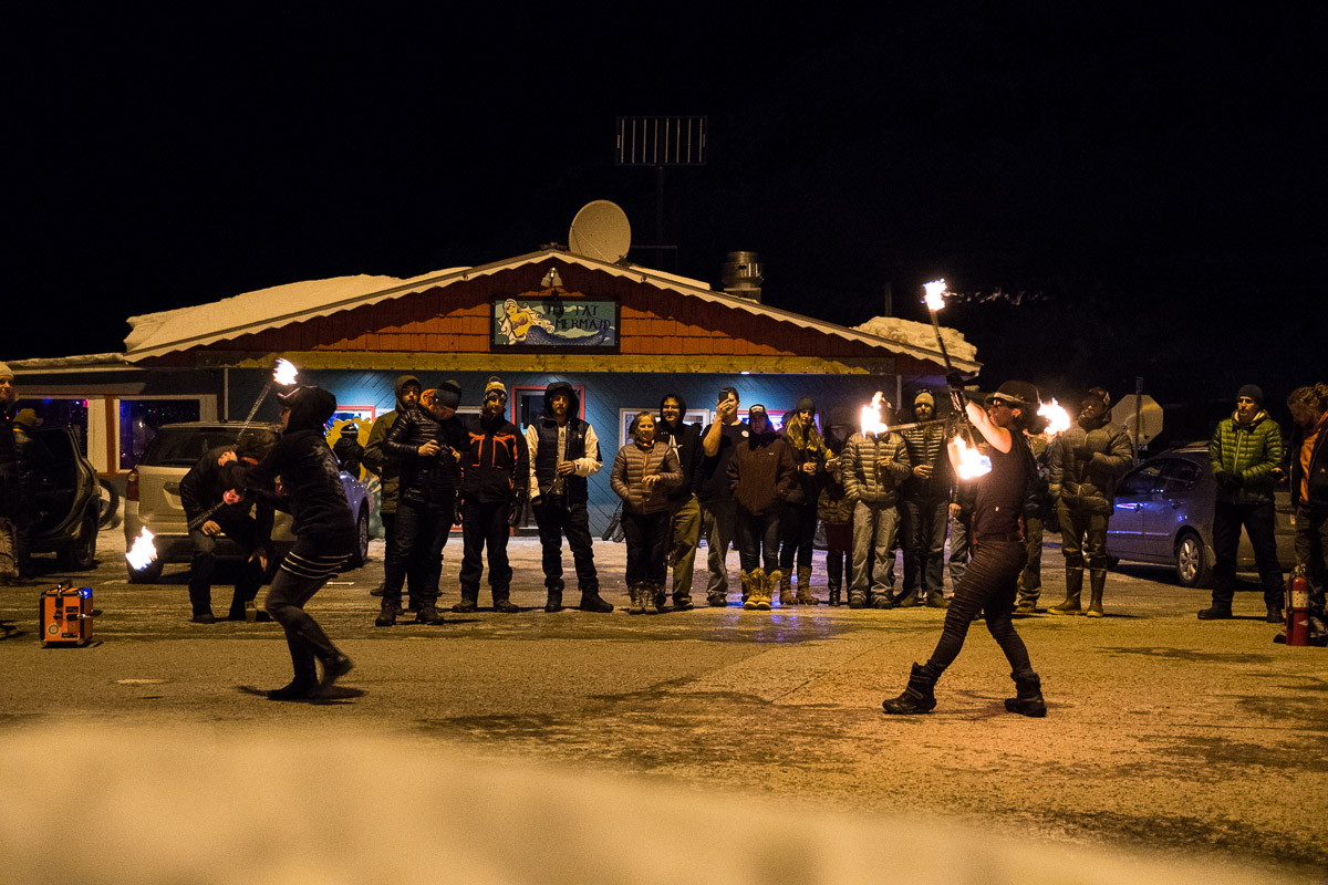 Spinning fire outside the Fat Mermaid. Photo: Eddie Clark 